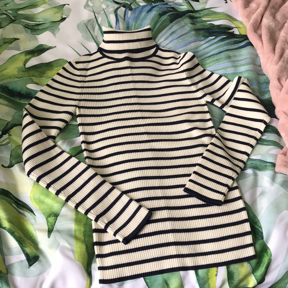 Boden Cream and Navy Striped Ribbed Turtleneck Sweater